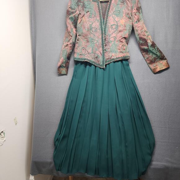 Womens Victorian Style Dress Jacket Set 10 Green Brown Brocade Pleated Oriental - Picture 15 of 16